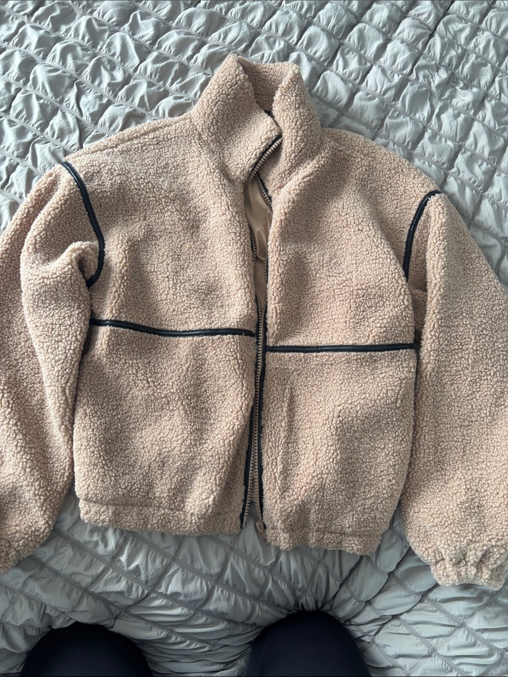 Vici Beige Teddy Sherpa Zip Jacket with Contrast Trim